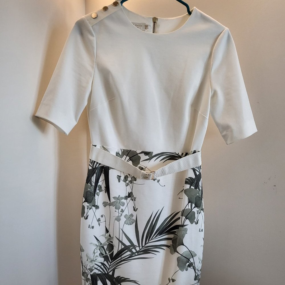 Ted Baker Fitted Bodycon Cream Green Floral Leaves Midi Dress, Size 1 (US 4)
